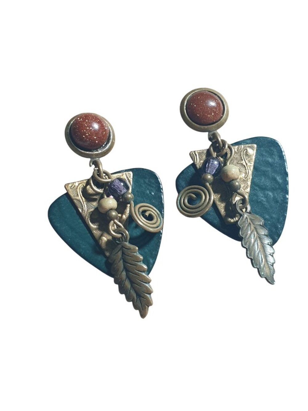 Bohemian Dangle Earrings Drop Leaf Goldstone Cab Beads Textured Antique Handmade